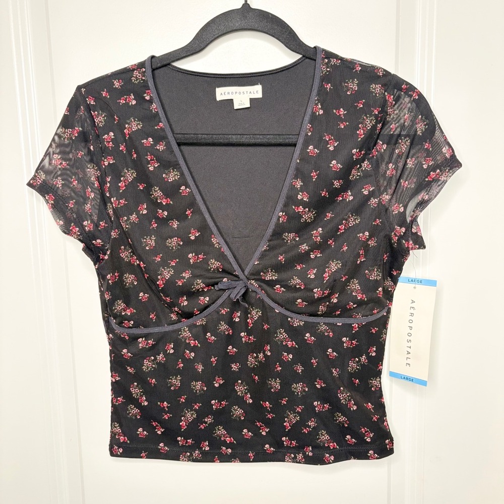 Y2K NWT Aeropostale Women's Floral Mesh Crop Top Black V-Neck Coquette Size L